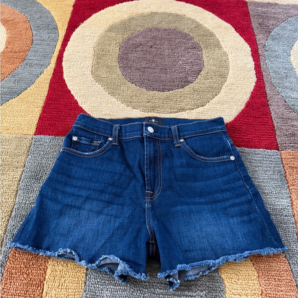 7 For All Mankind Blue Denim Jean Shorts Frayed Hem High Raise Size 27 Waist